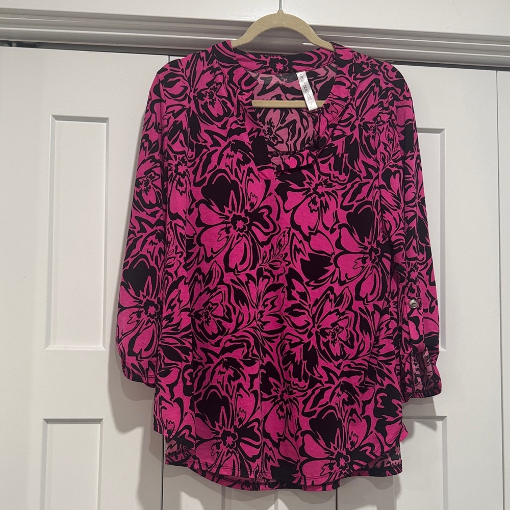 Vibrant Floral Women's Blouse - Pink and Black